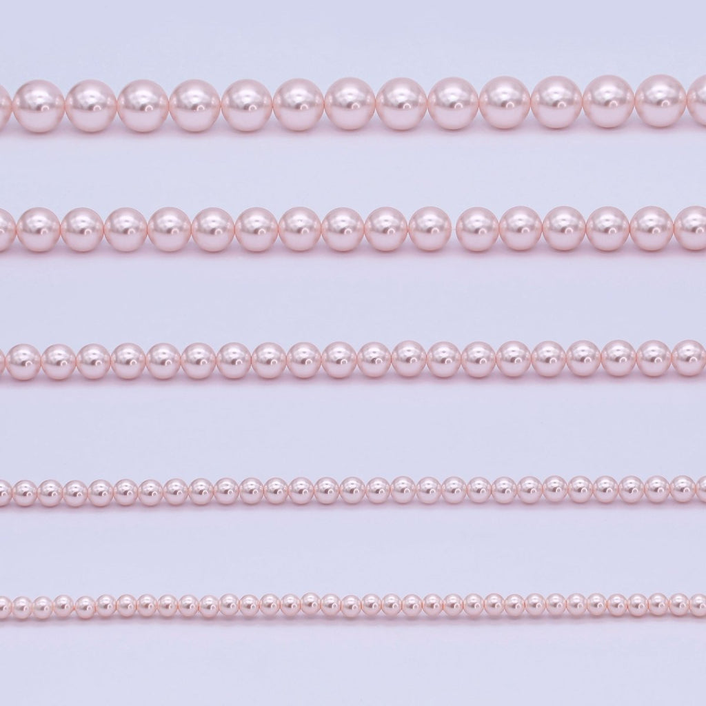 24K Gold plated 10mm, 8mm, 6mm, 4mm, 3mm Rose Pink Round Shell Pearl 17 Inch Necklace | WA - 2785 ~ WA - 2789 - DLUXCA