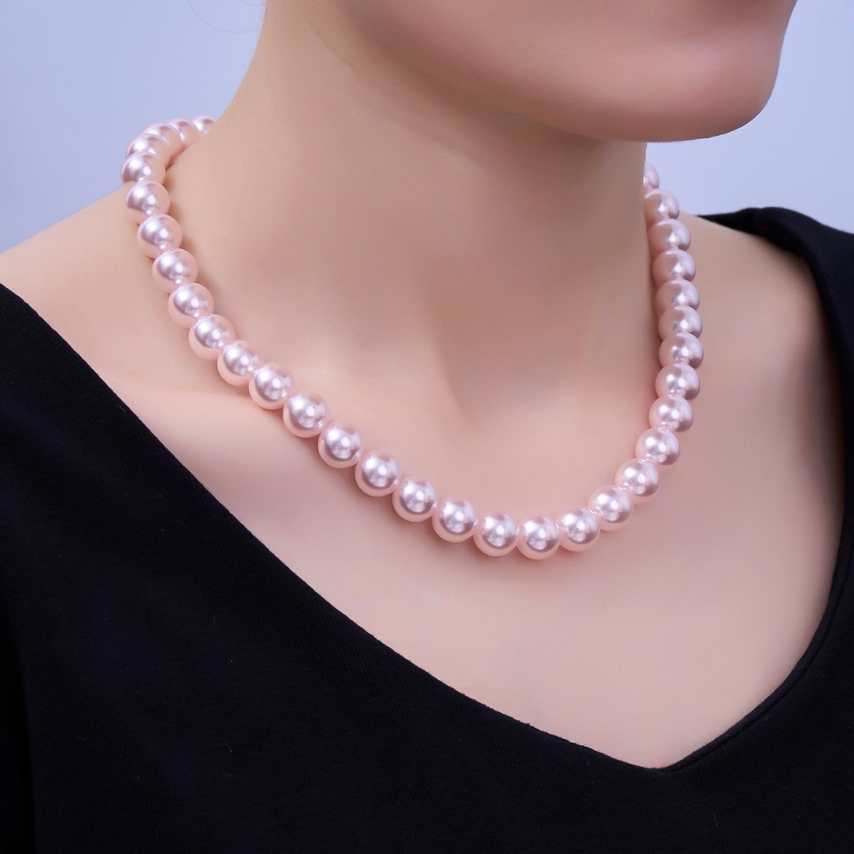 24K Gold plated 10mm, 8mm, 6mm, 4mm, 3mm Rose Pink Round Shell Pearl 17 Inch Necklace | WA - 2785 ~ WA - 2789 - DLUXCA