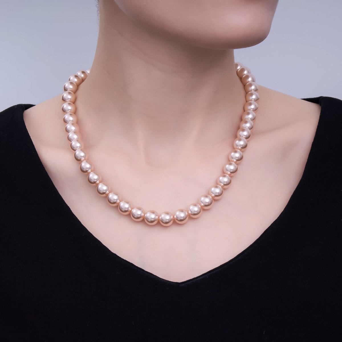 24K Gold plated 10mm, 8mm, 6mm, 4mm, 3mm Rose Pink Round Shell Pearl 17 Inch Necklace | WA - 2810 ~ WA - 2814 