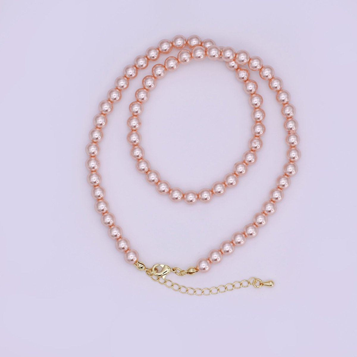 24K Gold plated 10mm, 8mm, 6mm, 4mm, 3mm Rose Pink Round Shell Pearl 17 Inch Necklace | WA - 2810 ~ WA - 2814 