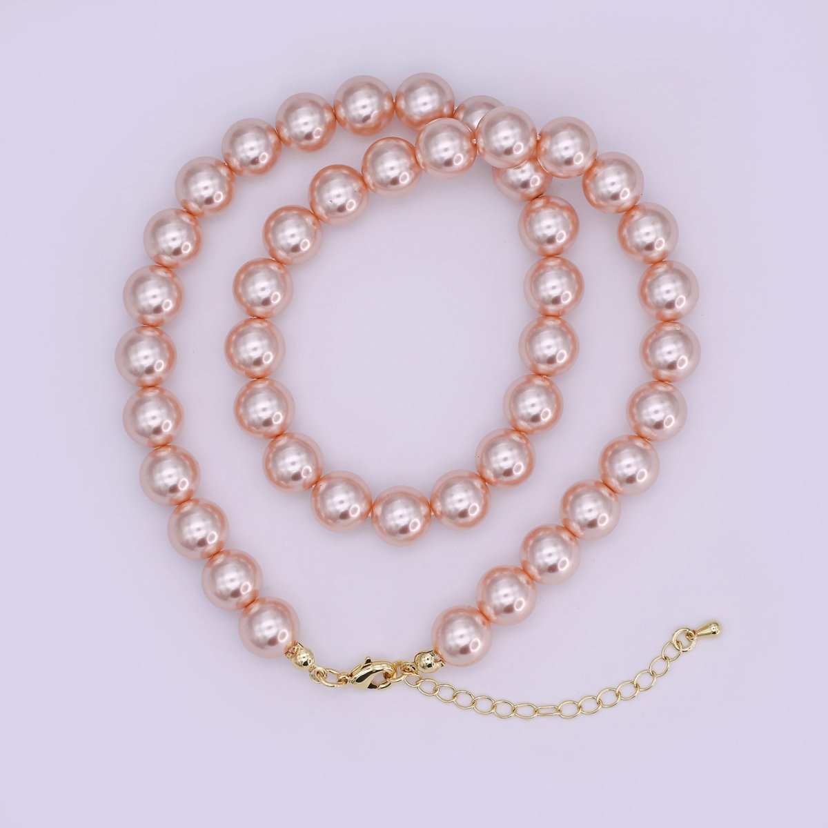 24K Gold plated 10mm, 8mm, 6mm, 4mm, 3mm Rose Pink Round Shell Pearl 17 Inch Necklace | WA - 2810 ~ WA - 2814 