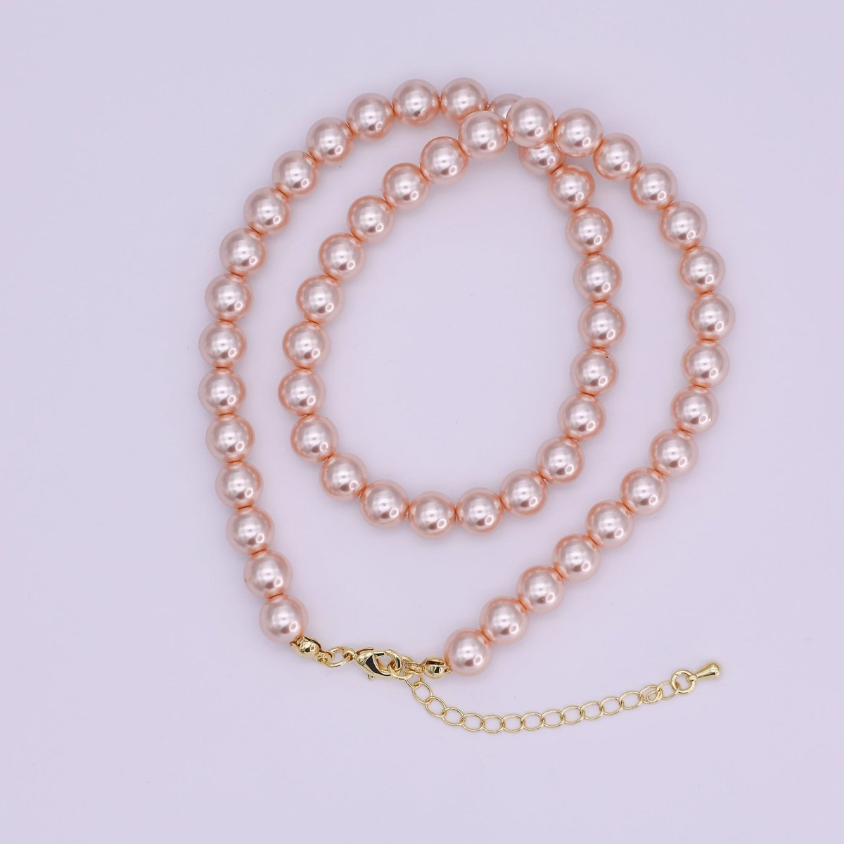 24K Gold plated 10mm, 8mm, 6mm, 4mm, 3mm Rose Pink Round Shell Pearl 17 Inch Necklace | WA - 2810 ~ WA - 2814 