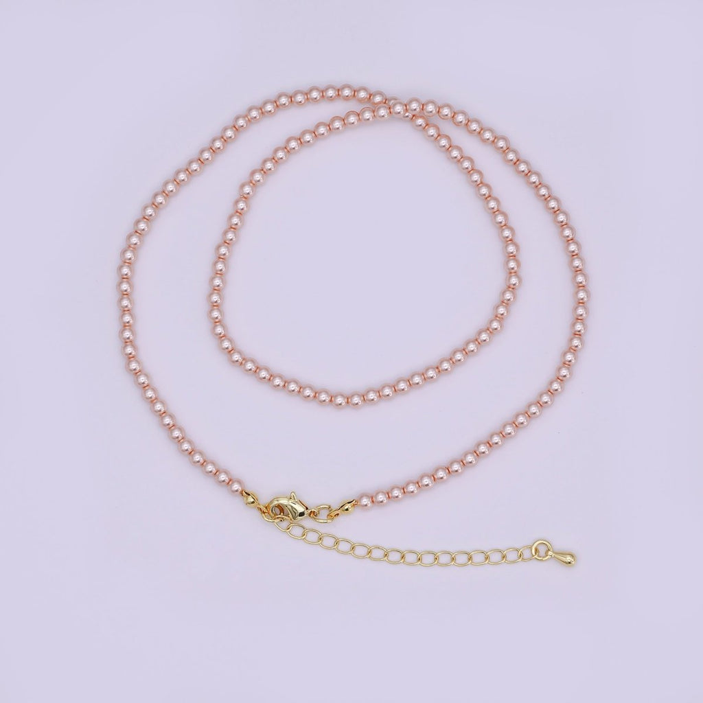 24K Gold plated 10mm, 8mm, 6mm, 4mm, 3mm Rose Pink Round Shell Pearl 17 Inch Necklace | WA - 2810 ~ WA - 2814 