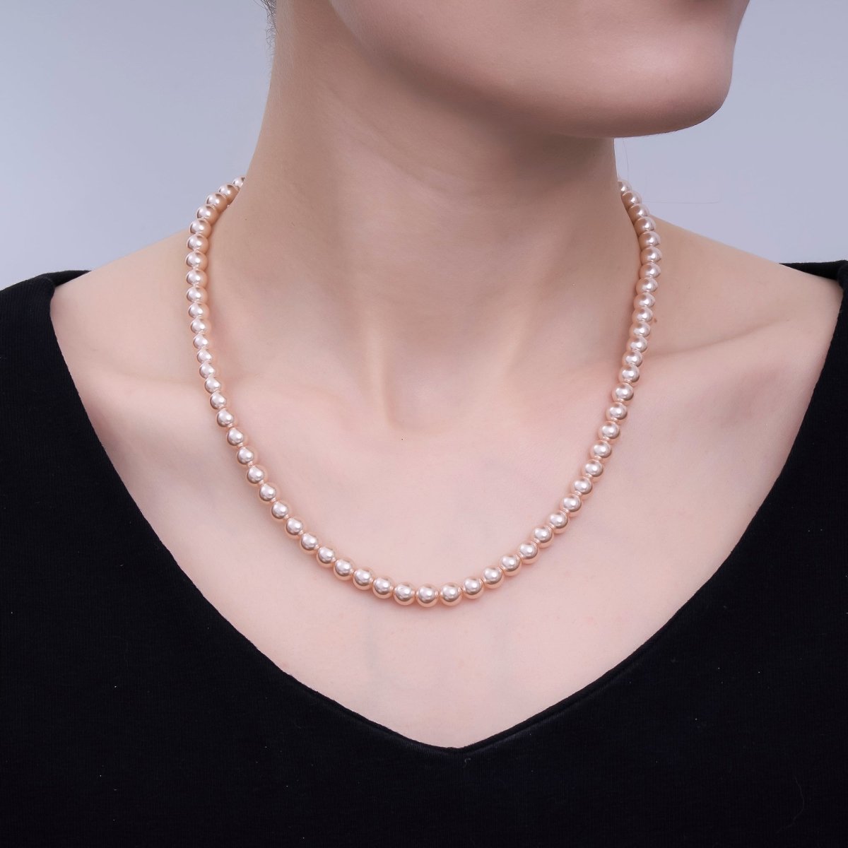24K Gold plated 10mm, 8mm, 6mm, 4mm, 3mm Rose Pink Round Shell Pearl 17 Inch Necklace | WA - 2810 ~ WA - 2814 