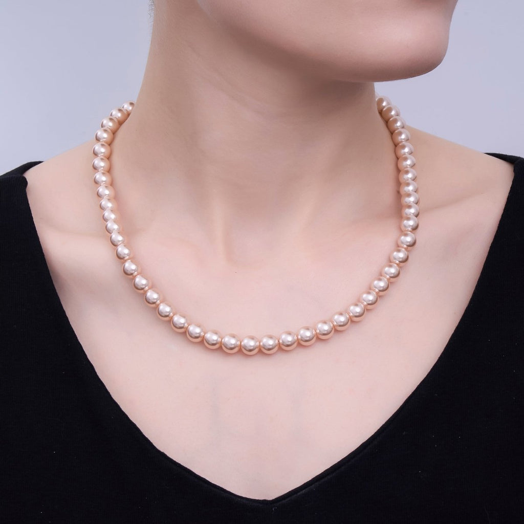 24K Gold plated 10mm, 8mm, 6mm, 4mm, 3mm Rose Pink Round Shell Pearl 17 Inch Necklace | WA - 2810 ~ WA - 2814 