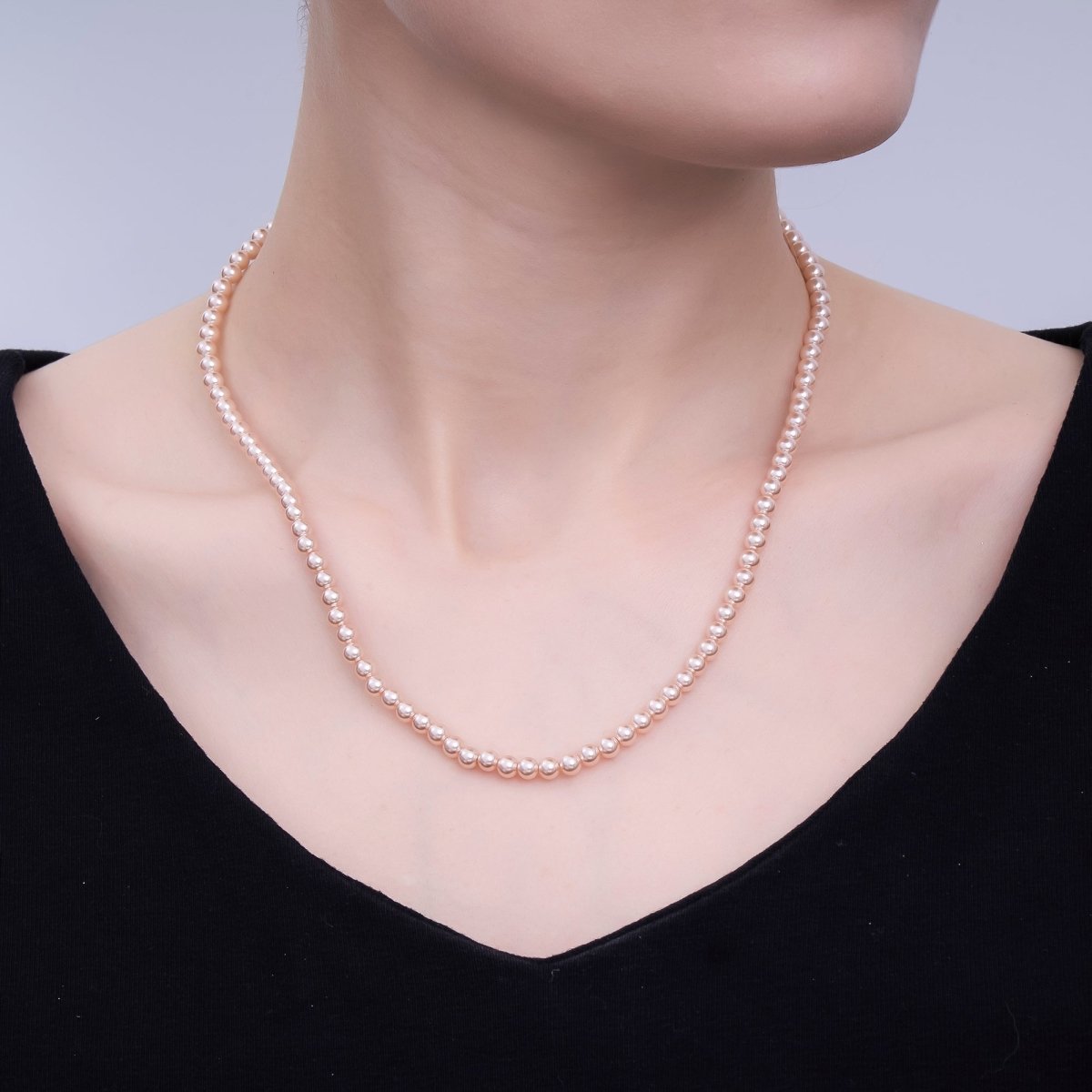 24K Gold plated 10mm, 8mm, 6mm, 4mm, 3mm Rose Pink Round Shell Pearl 17 Inch Necklace | WA - 2810 ~ WA - 2814 