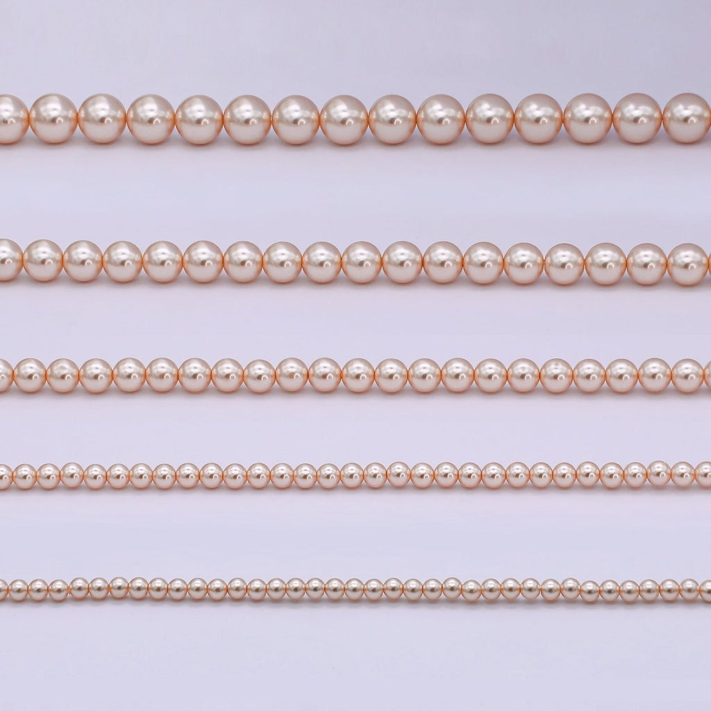 24K Gold plated 10mm, 8mm, 6mm, 4mm, 3mm Rose Pink Round Shell Pearl 17 Inch Necklace | WA - 2810 ~ WA - 2814 