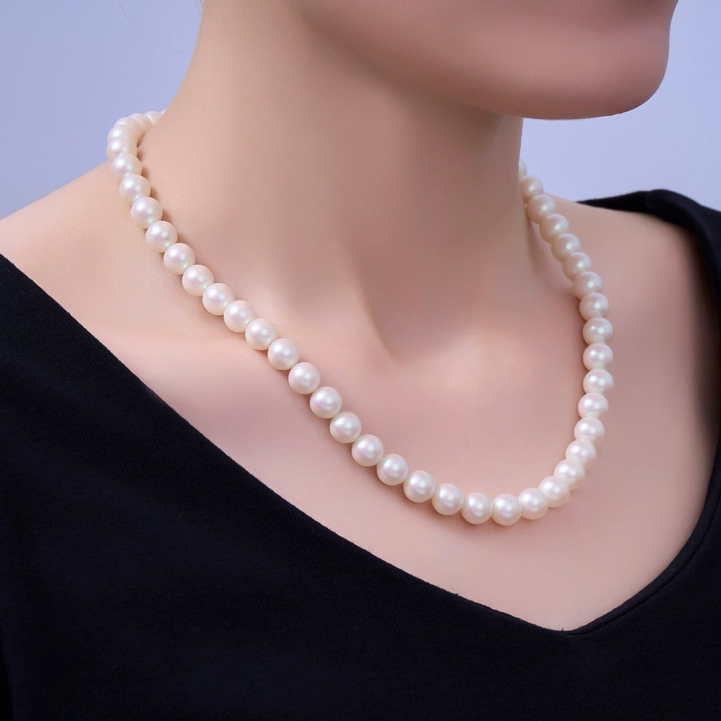 24K Gold plated 10mm, 8mm, 6mm, 4mm, 3mm White Shell Pearl Gemstone 17 Inch Necklace | WA - 2775 ~ WA - 2779 - DLUXCA