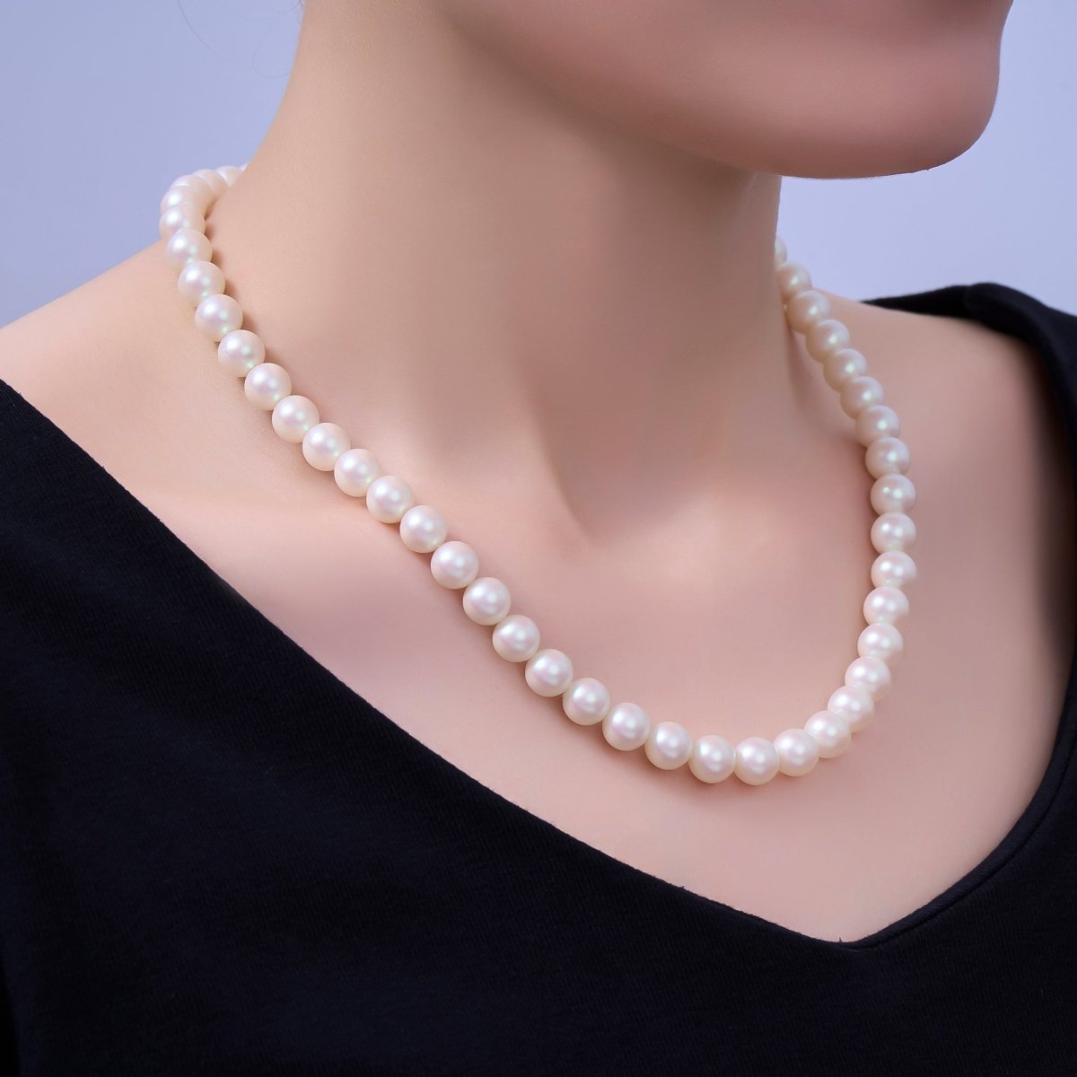 24K Gold plated 10mm, 8mm, 6mm, 4mm, 3mm White Shell Pearl Gemstone 17 Inch Necklace | WA - 2775 ~ WA - 2779 - DLUXCA