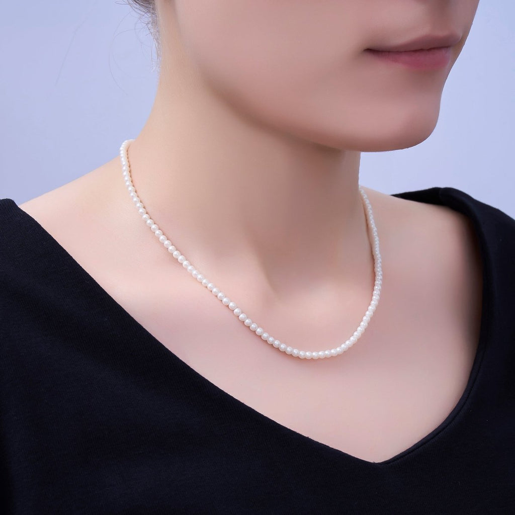 24K Gold plated 10mm, 8mm, 6mm, 4mm, 3mm White Shell Pearl Gemstone 17 Inch Necklace | WA - 2775 ~ WA - 2779 - DLUXCA