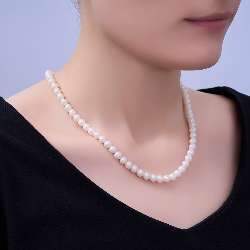 24K Gold plated 10mm, 8mm, 6mm, 4mm, 3mm White Shell Pearl Gemstone 17 Inch Necklace | WA - 2775 ~ WA - 2779 - DLUXCA