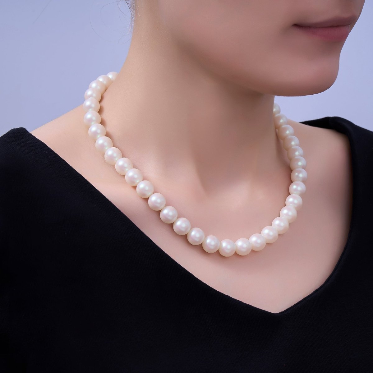 24K Gold plated 10mm, 8mm, 6mm, 4mm, 3mm White Shell Pearl Gemstone 17 Inch Necklace | WA - 2775 ~ WA - 2779 - DLUXCA