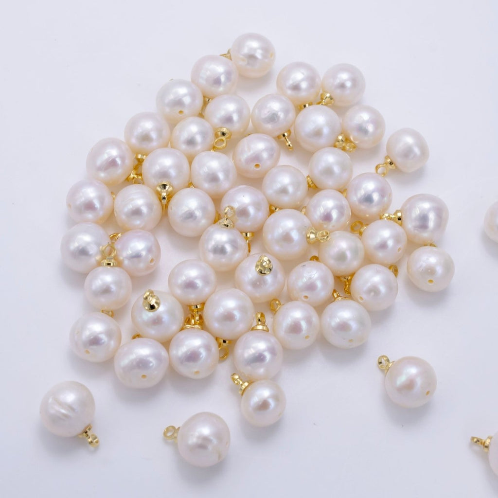 24K Gold plated 11mm White Freshwater Pearl Button Round Charm | P1882 - DLUXCA