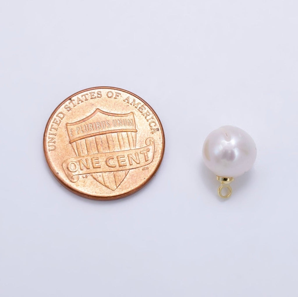 24K Gold plated 11mm White Freshwater Pearl Button Round Charm | P1882 - DLUXCA