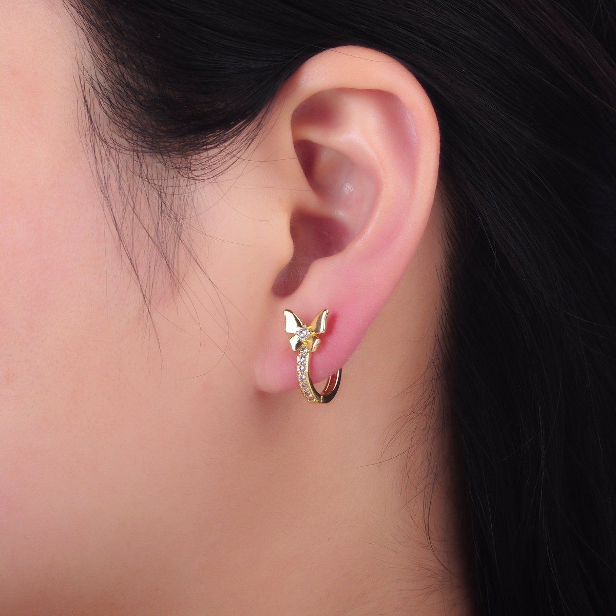 24K Gold plated 12mm, 14mm, 16mm Micro Paved CZ Butterfly Huggie Earrings | AB874 - AB876 - DLUXCA