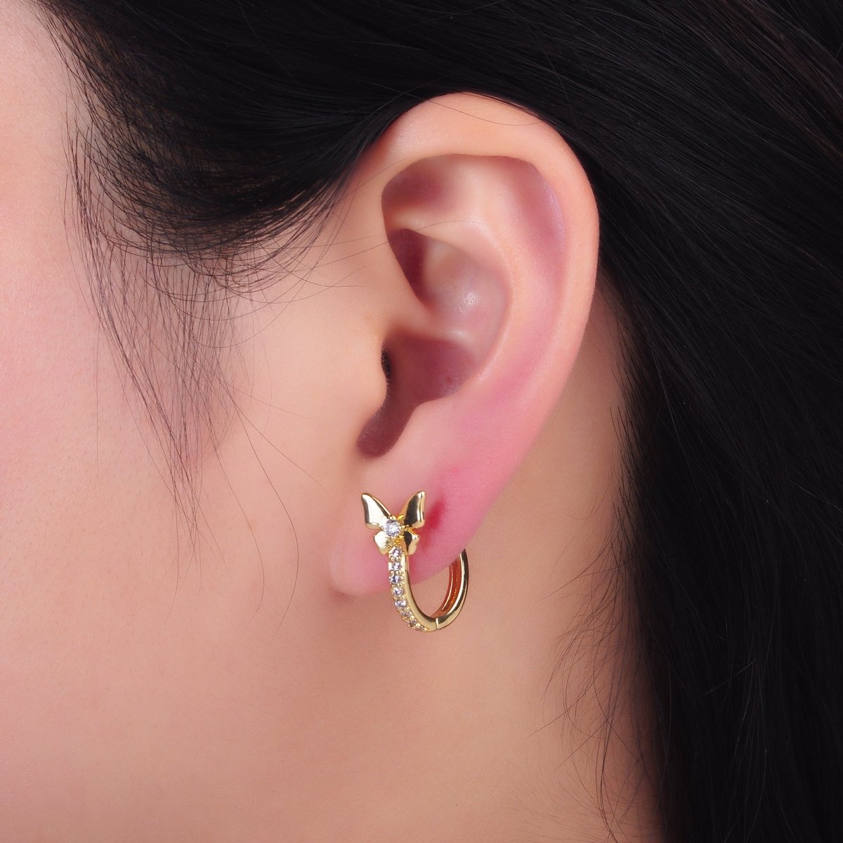 24K Gold plated 12mm, 14mm, 16mm Micro Paved CZ Butterfly Huggie Earrings | AB874 - AB876 - DLUXCA