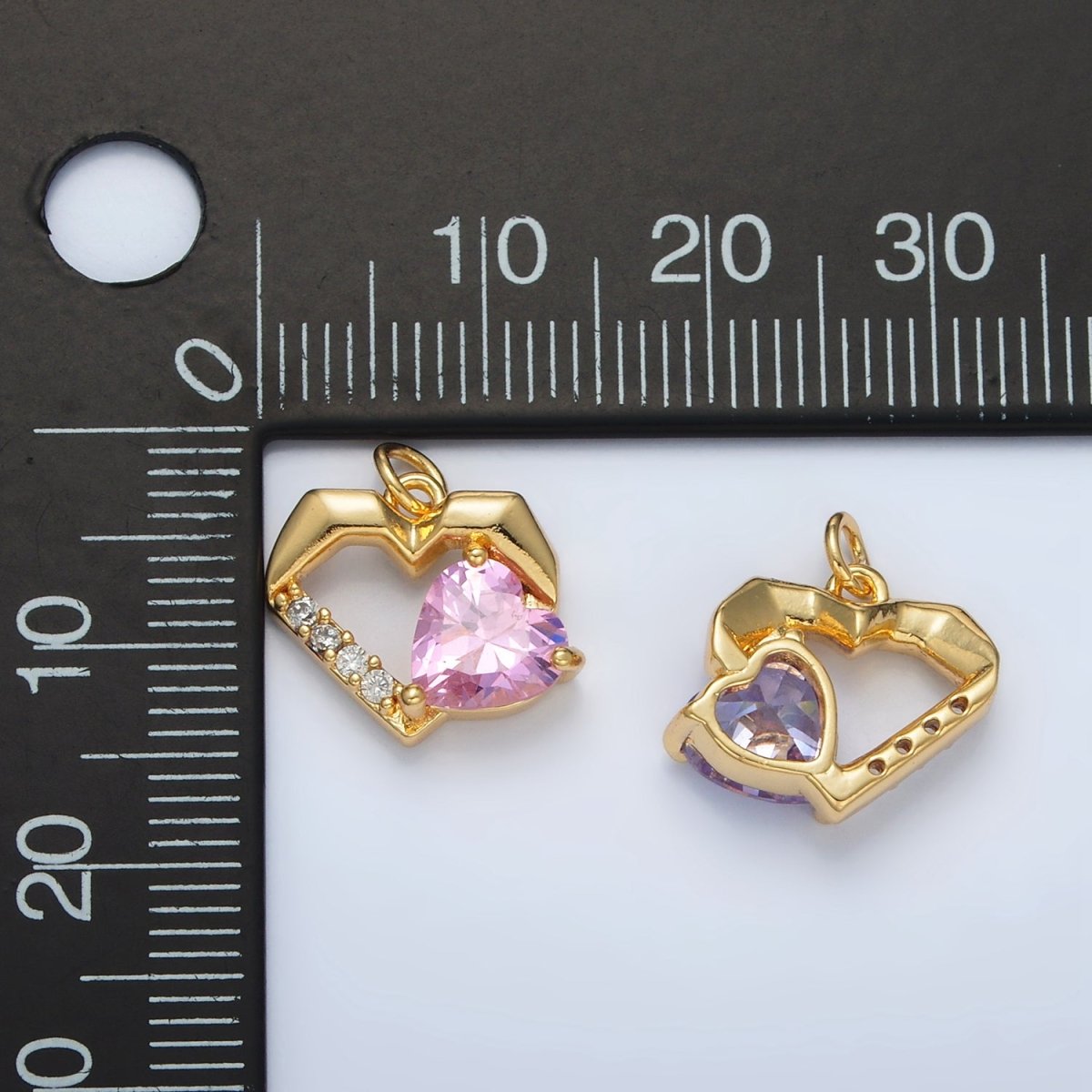 24K Gold plated 12mm Clear, Red, Pink, Purple CZ Micro Paved Open Heart Charm | M013 - M014