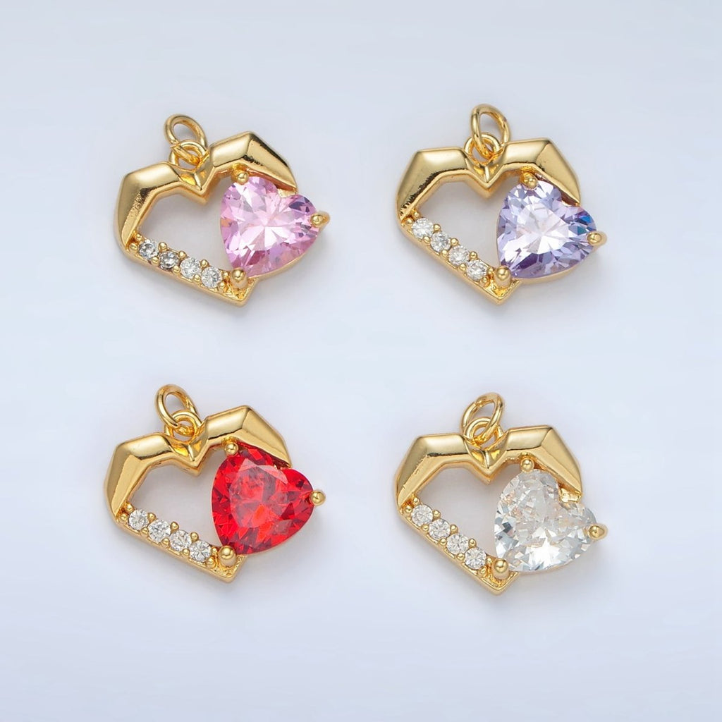 24K Gold plated 12mm Clear, Red, Pink, Purple CZ Micro Paved Open Heart Charm | M013 - M014