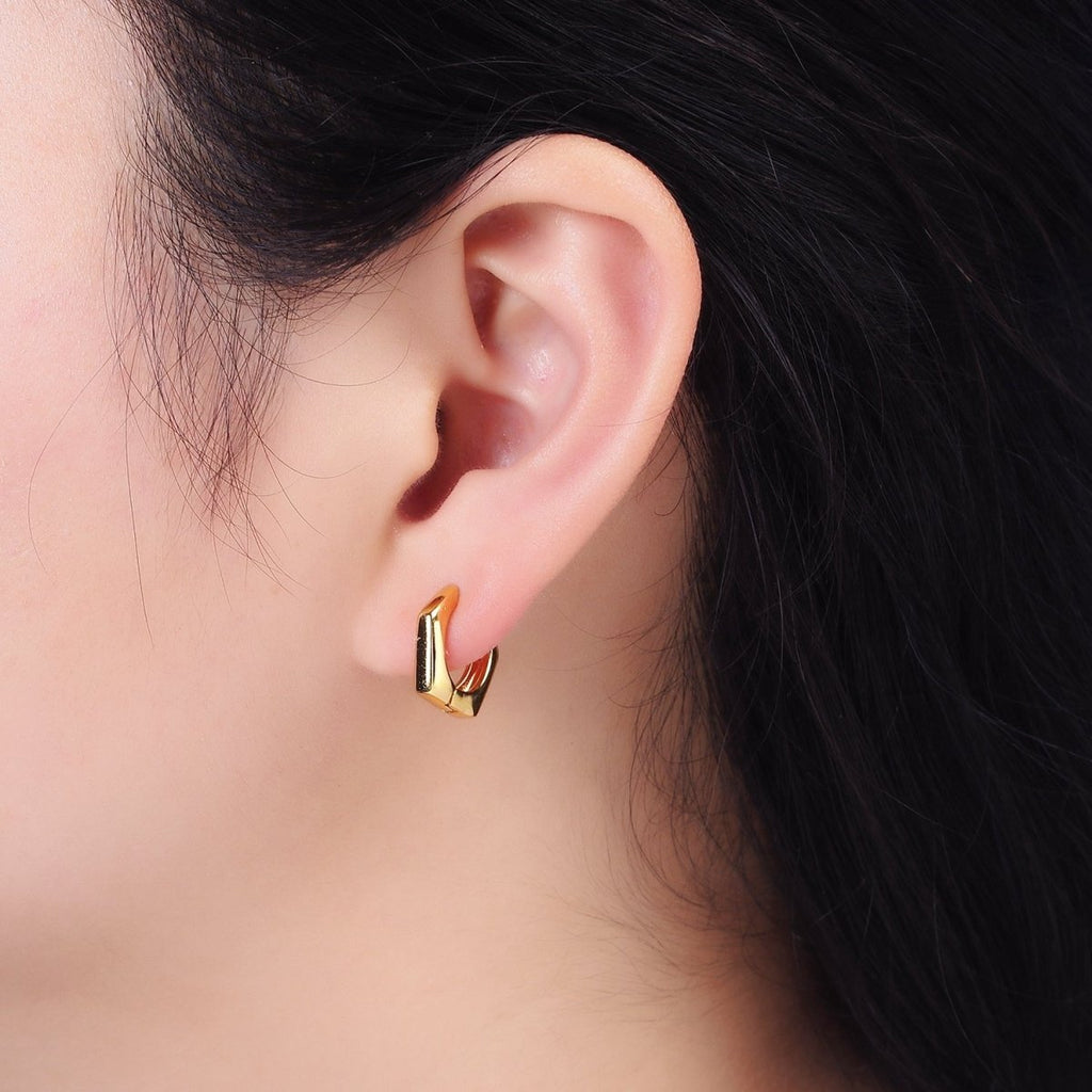 24K Gold plated 13.5mm Rounded Hexagonal Huggie Earrings | AE810 - DLUXCA