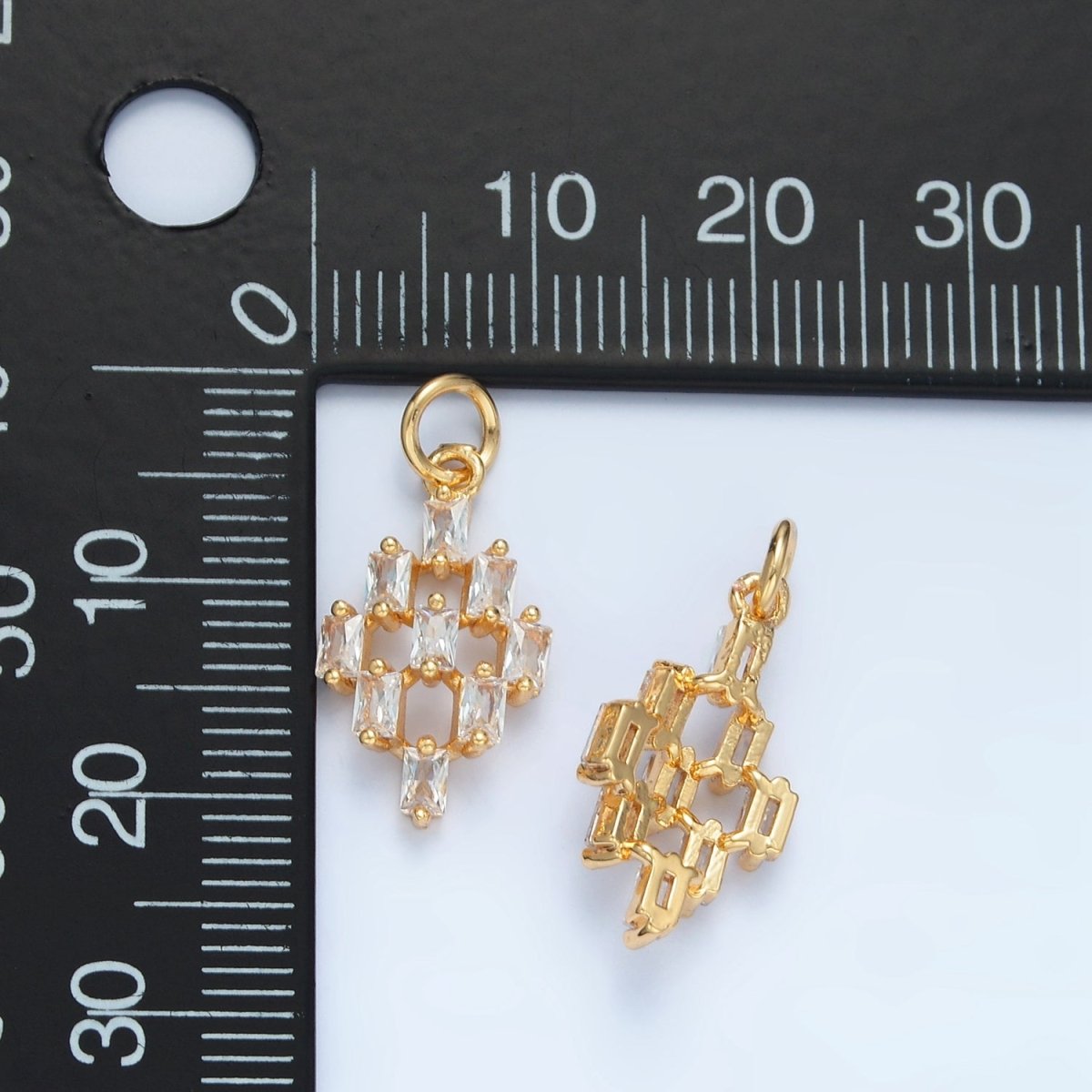 24K Gold plated 15mm Clear CZ Baguette Geometric Checkered Open Charm | X290 - DLUXCA