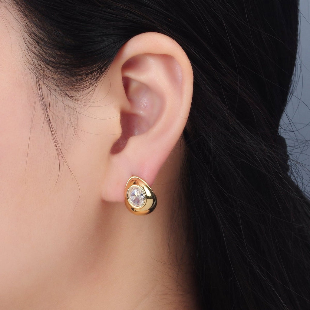 24K Gold plated 15mm CZ Dome J - Shaped Hoop Earrings | AD629 - DLUXCA