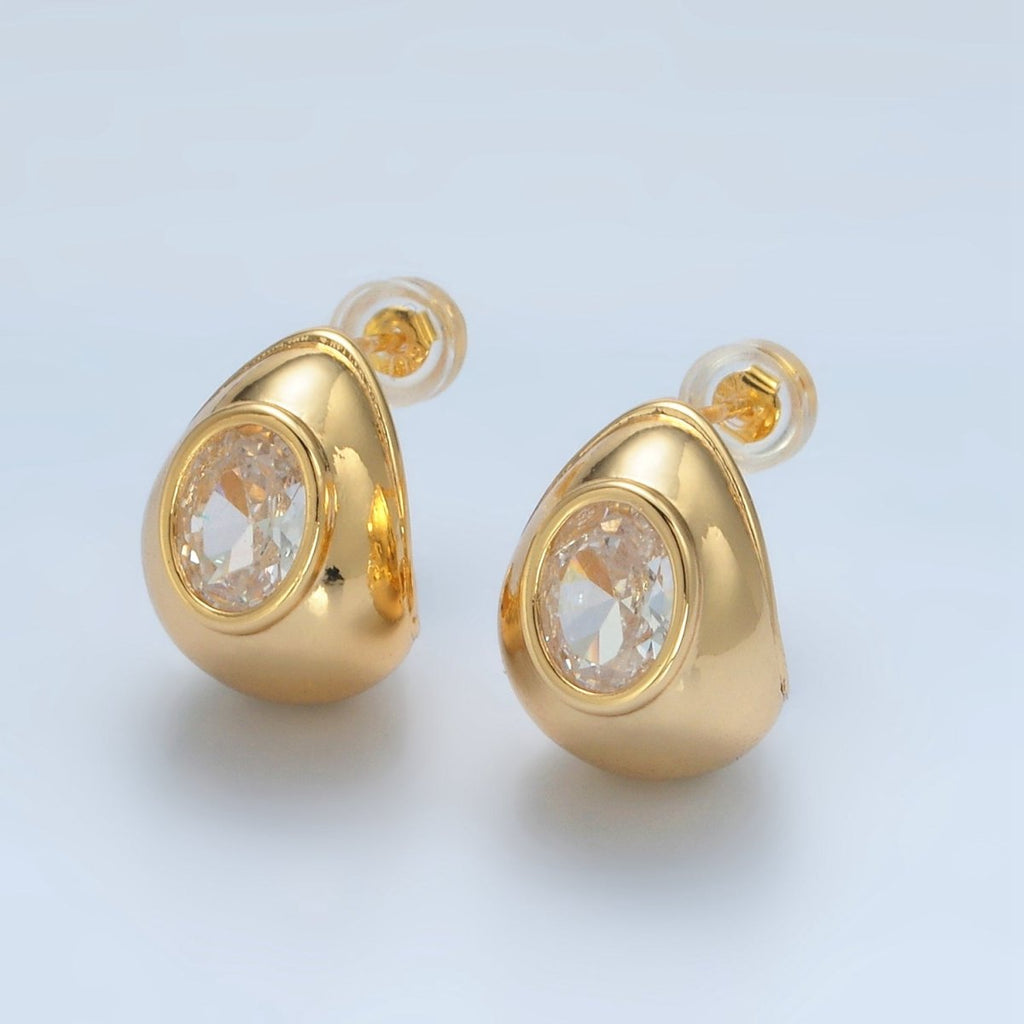 24K Gold plated 15mm CZ Dome J - Shaped Hoop Earrings | AD629 - DLUXCA