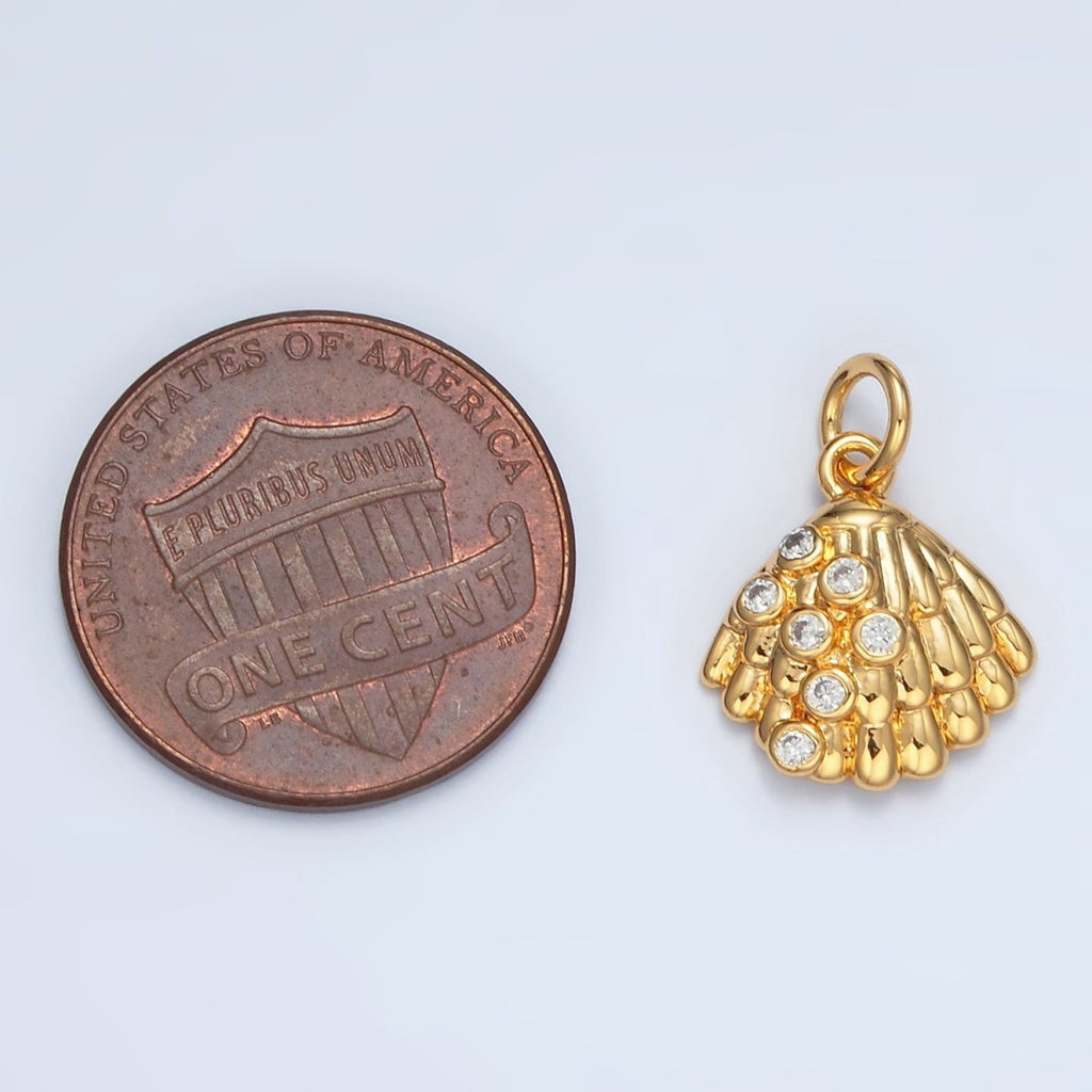 24K Gold plated 15mm CZ Dotted Clam Sea Shell Charm in Gold & Silver | AG862 - DLUXCA