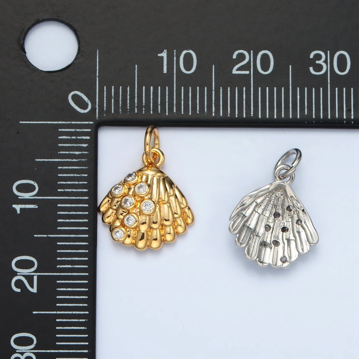 24K Gold plated 15mm CZ Dotted Clam Sea Shell Charm in Gold & Silver | AG862 - DLUXCA