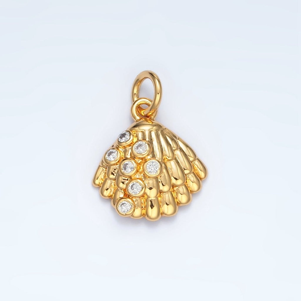 24K Gold plated 15mm CZ Dotted Clam Sea Shell Charm in Gold & Silver | AG862 - DLUXCA
