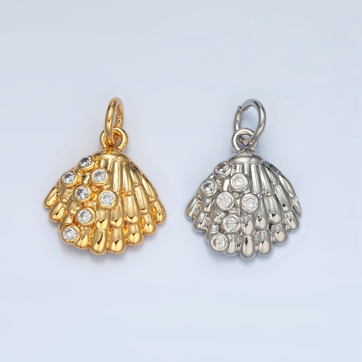 24K Gold plated 15mm CZ Dotted Clam Sea Shell Charm in Gold & Silver | AG862 - DLUXCA
