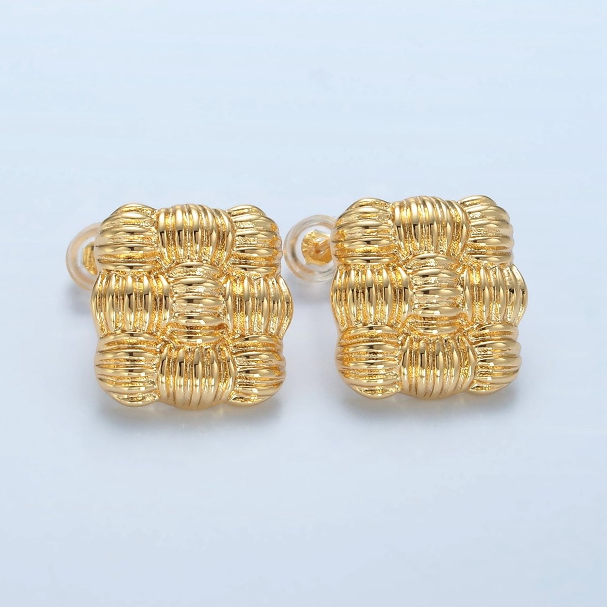 24K Gold plated 15mm Ribbed Weave Square Stud Earrings | AD657 - DLUXCA