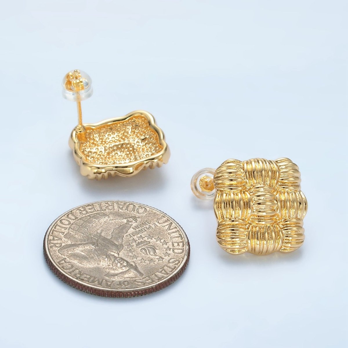 24K Gold plated 15mm Ribbed Weave Square Stud Earrings | AD657 - DLUXCA