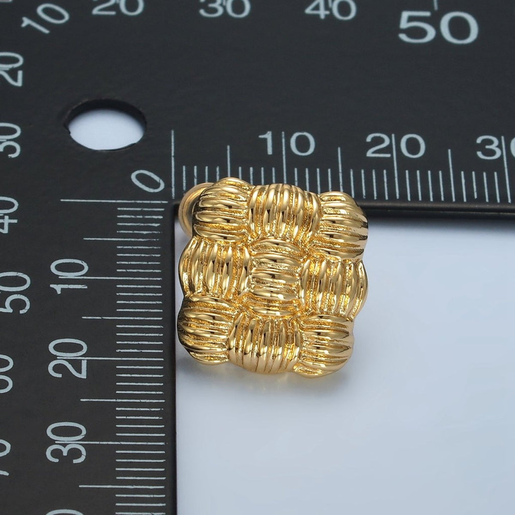 24K Gold plated 15mm Ribbed Weave Square Stud Earrings | AD657 - DLUXCA