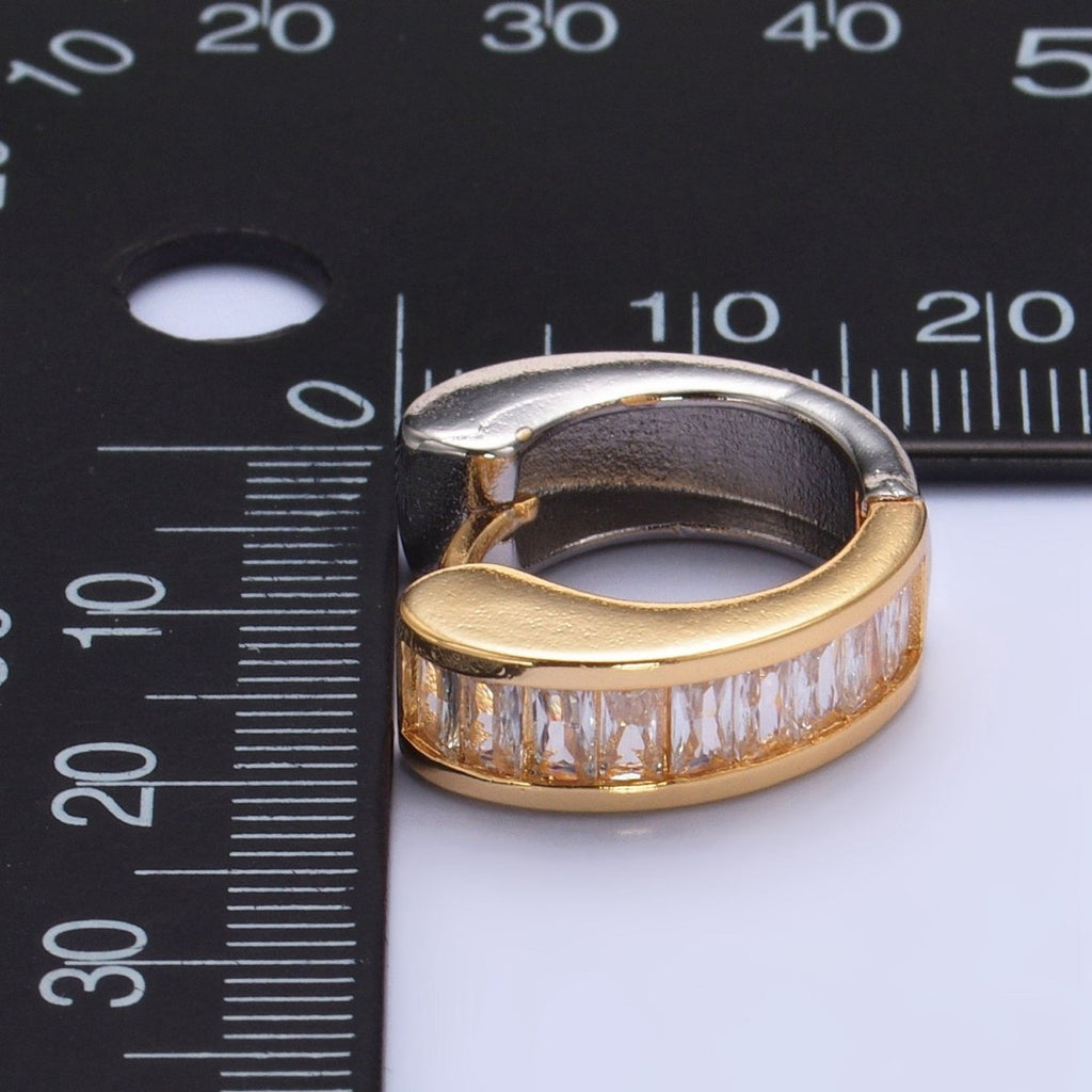 24K Gold plated 18mm Baguette CZ Mixed Metal Huggie Earrings | P309 - DLUXCA