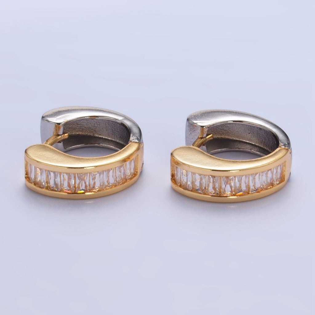 24K Gold plated 18mm Baguette CZ Mixed Metal Huggie Earrings | P309 - DLUXCA
