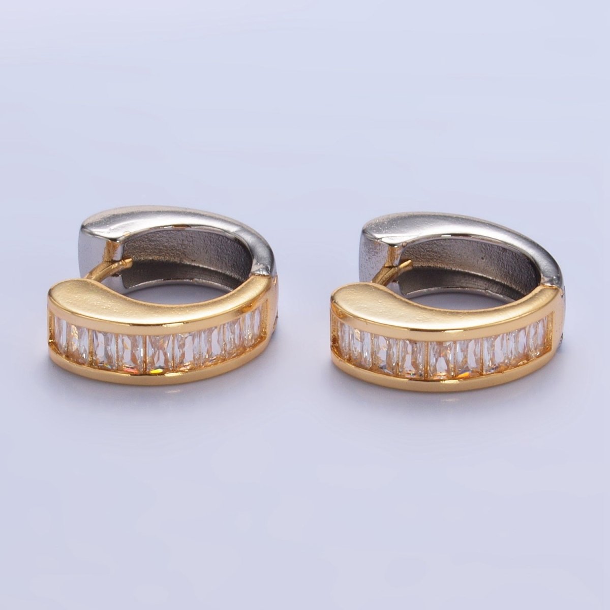 24K Gold plated 18mm Baguette CZ Mixed Metal Huggie Earrings | P309 - DLUXCA