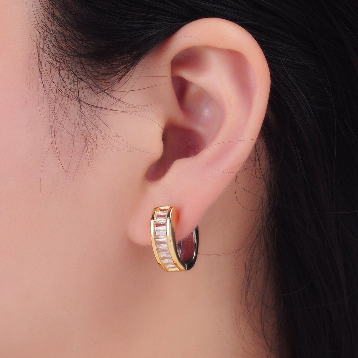24K Gold plated 18mm Baguette CZ Mixed Metal Huggie Earrings | P309 - DLUXCA