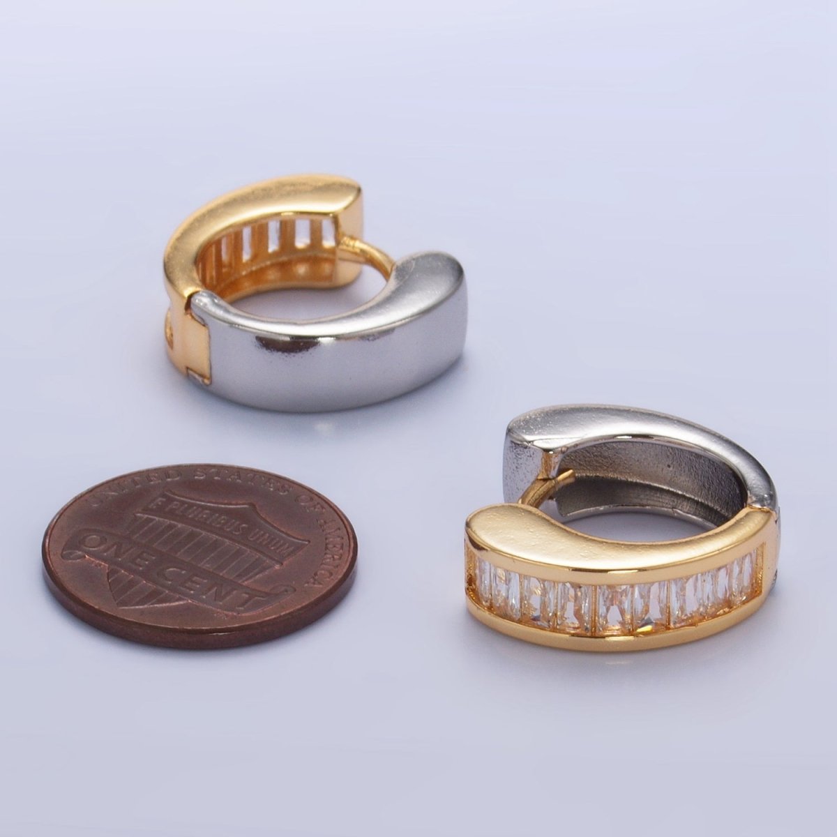 24K Gold plated 18mm Baguette CZ Mixed Metal Huggie Earrings | P309 - DLUXCA