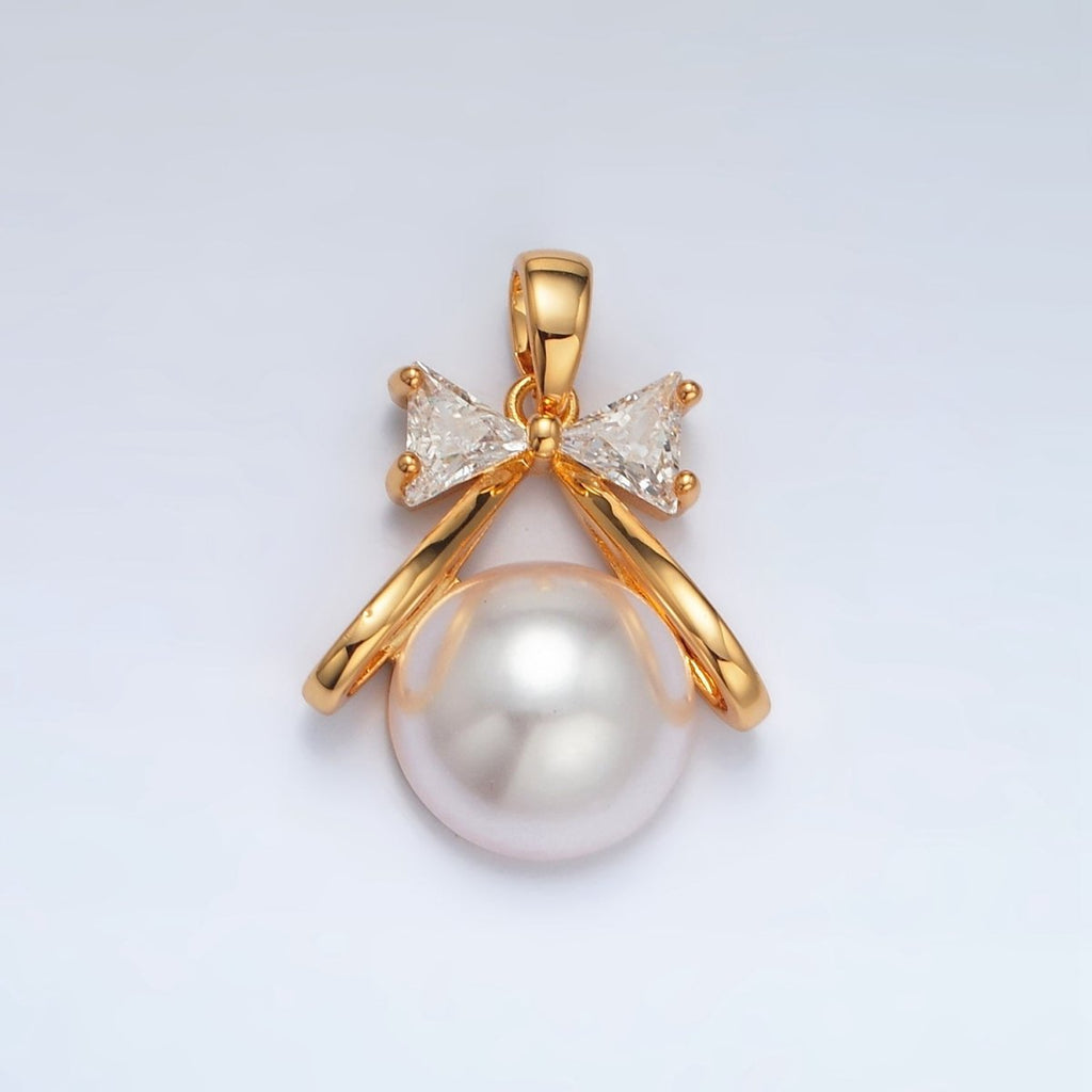 24K Gold plated 19mm Ribbon Bow CZ Shell Pearl Pendant | AA1409 - DLUXCA
