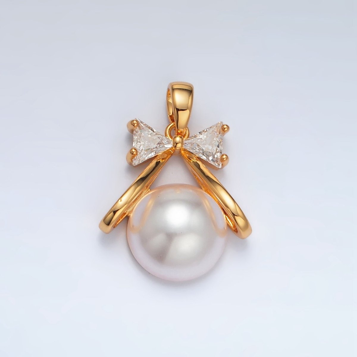 24K Gold plated 19mm Ribbon Bow CZ Shell Pearl Pendant | AA1409 - DLUXCA