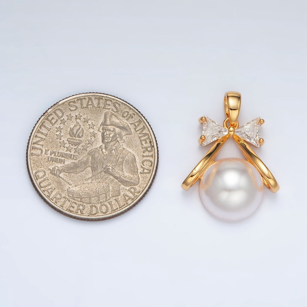 24K Gold plated 19mm Ribbon Bow CZ Shell Pearl Pendant | AA1409 - DLUXCA