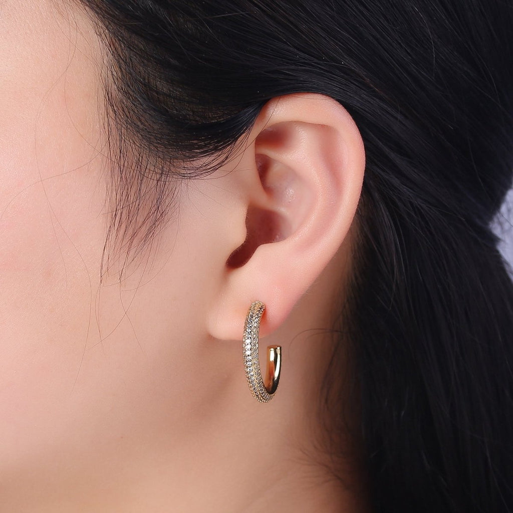 24K Gold plated 20mm, 25mm, 35mm Clear CZ Micro Paved C Shaped Hoop Stud Earrings | V164 - V166 - DLUXCA