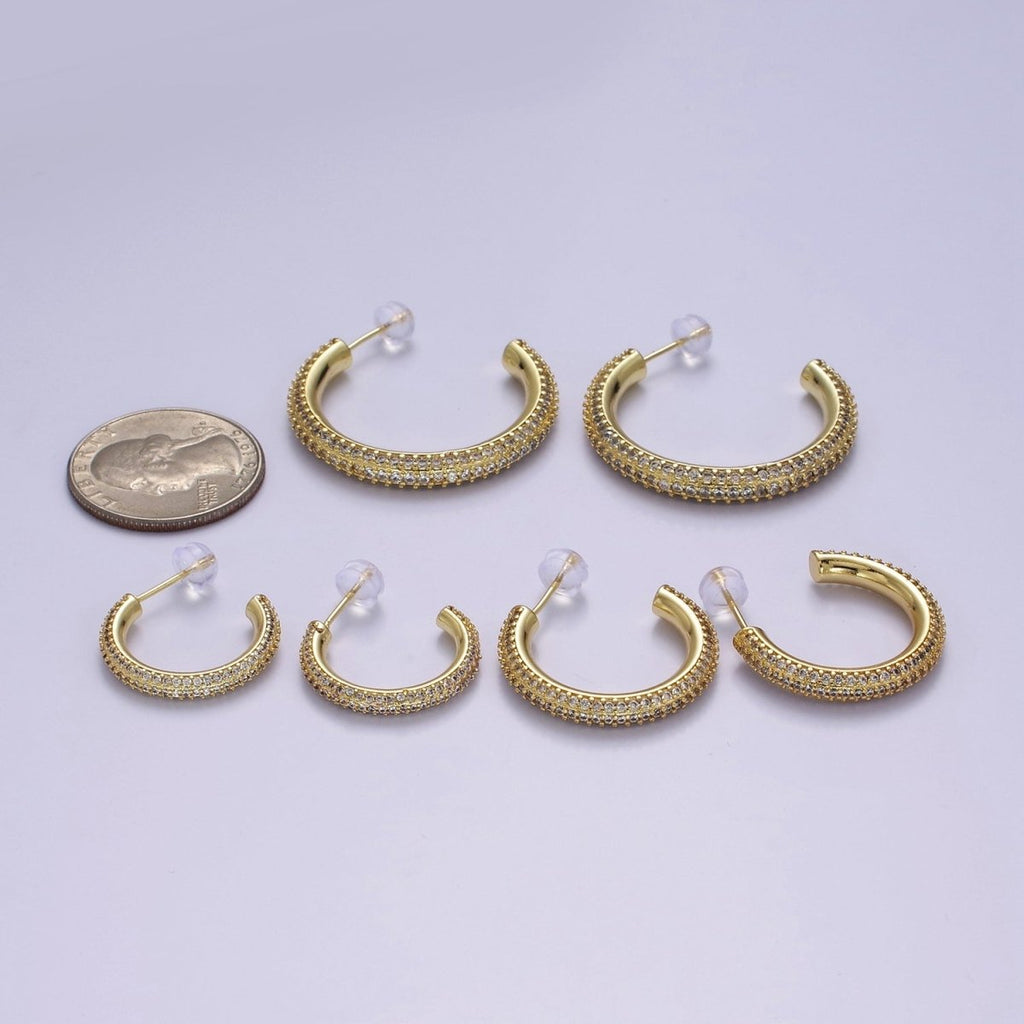 24K Gold plated 20mm, 25mm, 35mm Clear CZ Micro Paved C Shaped Hoop Stud Earrings | V164 - V166 - DLUXCA