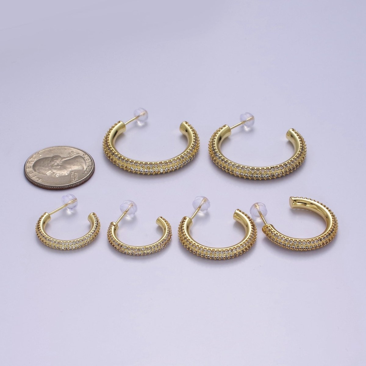 24K Gold plated 20mm, 25mm, 35mm Clear CZ Micro Paved C Shaped Hoop Stud Earrings | V164 - V166 - DLUXCA