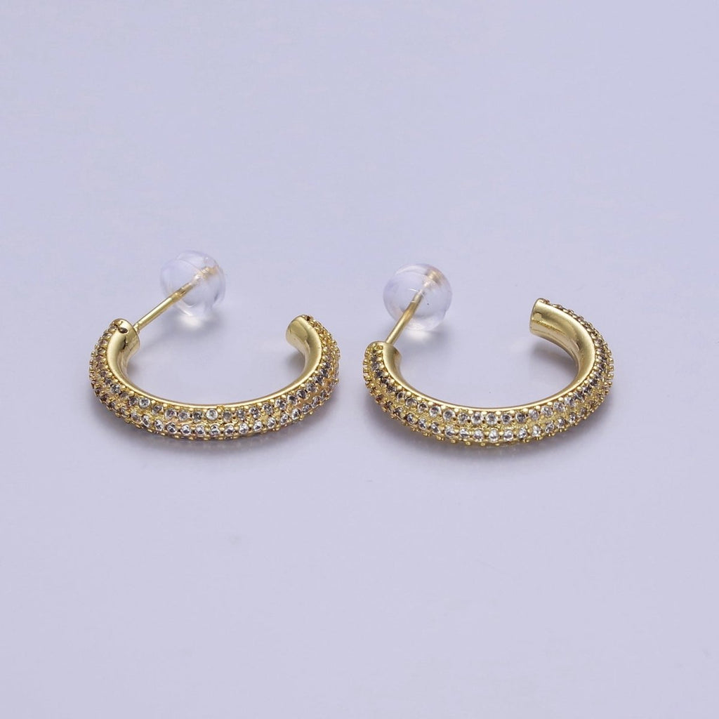 24K Gold plated 20mm, 25mm, 35mm Clear CZ Micro Paved C Shaped Hoop Stud Earrings | V164 - V166 - DLUXCA