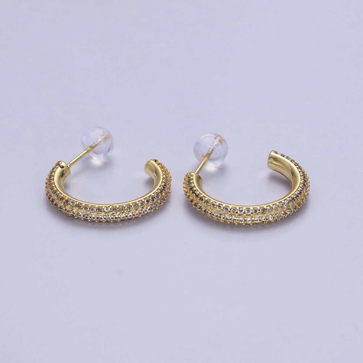 24K Gold plated 20mm, 25mm, 35mm Clear CZ Micro Paved C Shaped Hoop Stud Earrings | V164 - V166 - DLUXCA