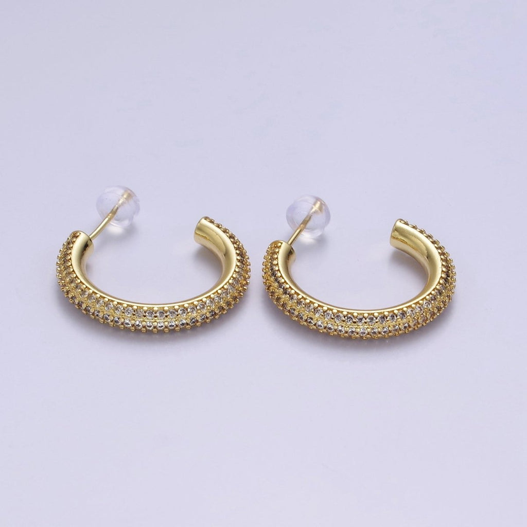 24K Gold plated 20mm, 25mm, 35mm Clear CZ Micro Paved C Shaped Hoop Stud Earrings | V164 - V166 - DLUXCA