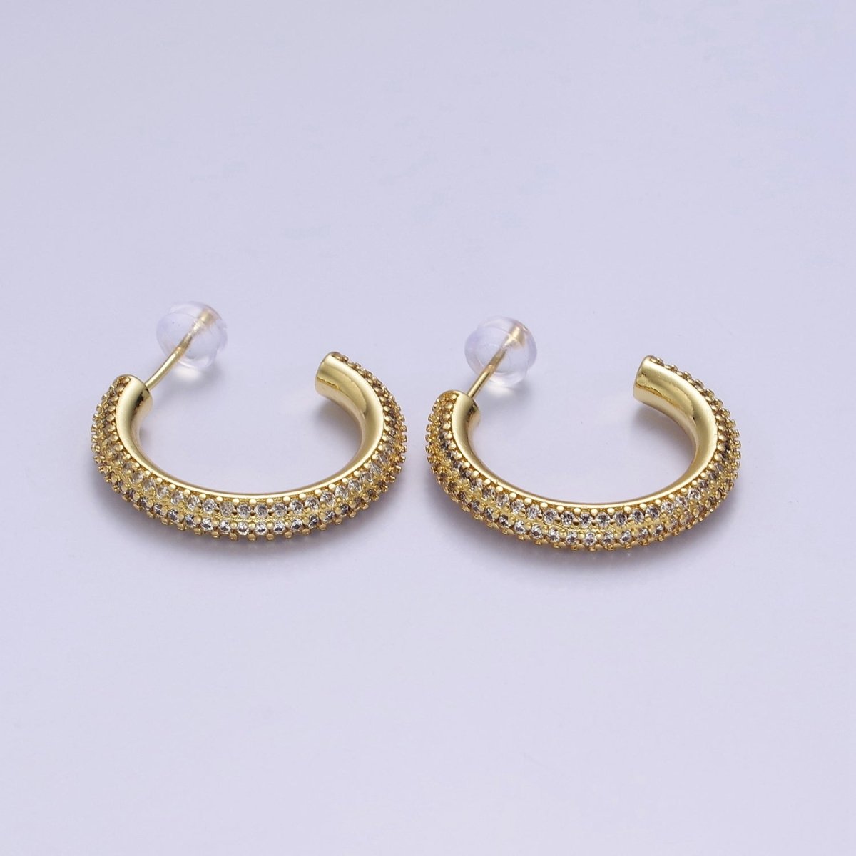 24K Gold plated 20mm, 25mm, 35mm Clear CZ Micro Paved C Shaped Hoop Stud Earrings | V164 - V166 - DLUXCA