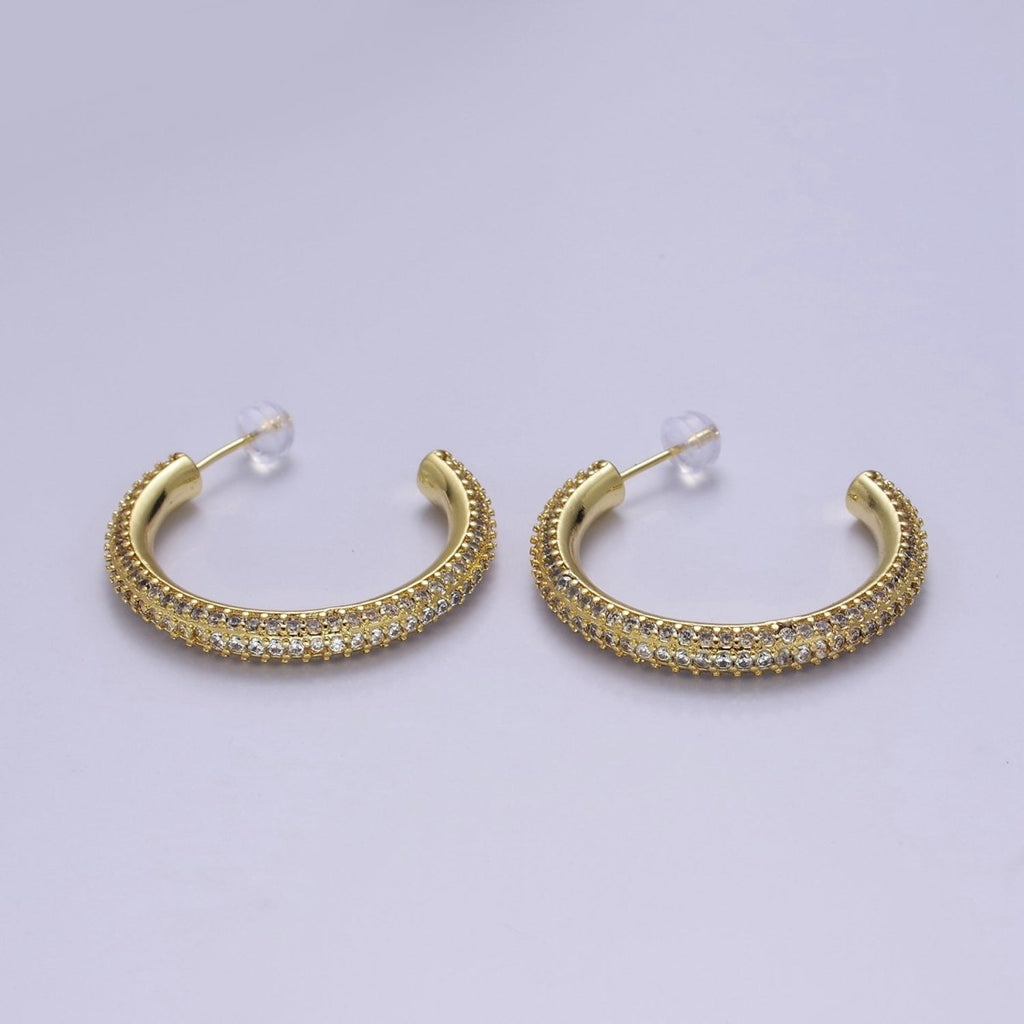 24K Gold plated 20mm, 25mm, 35mm Clear CZ Micro Paved C Shaped Hoop Stud Earrings | V164 - V166 - DLUXCA