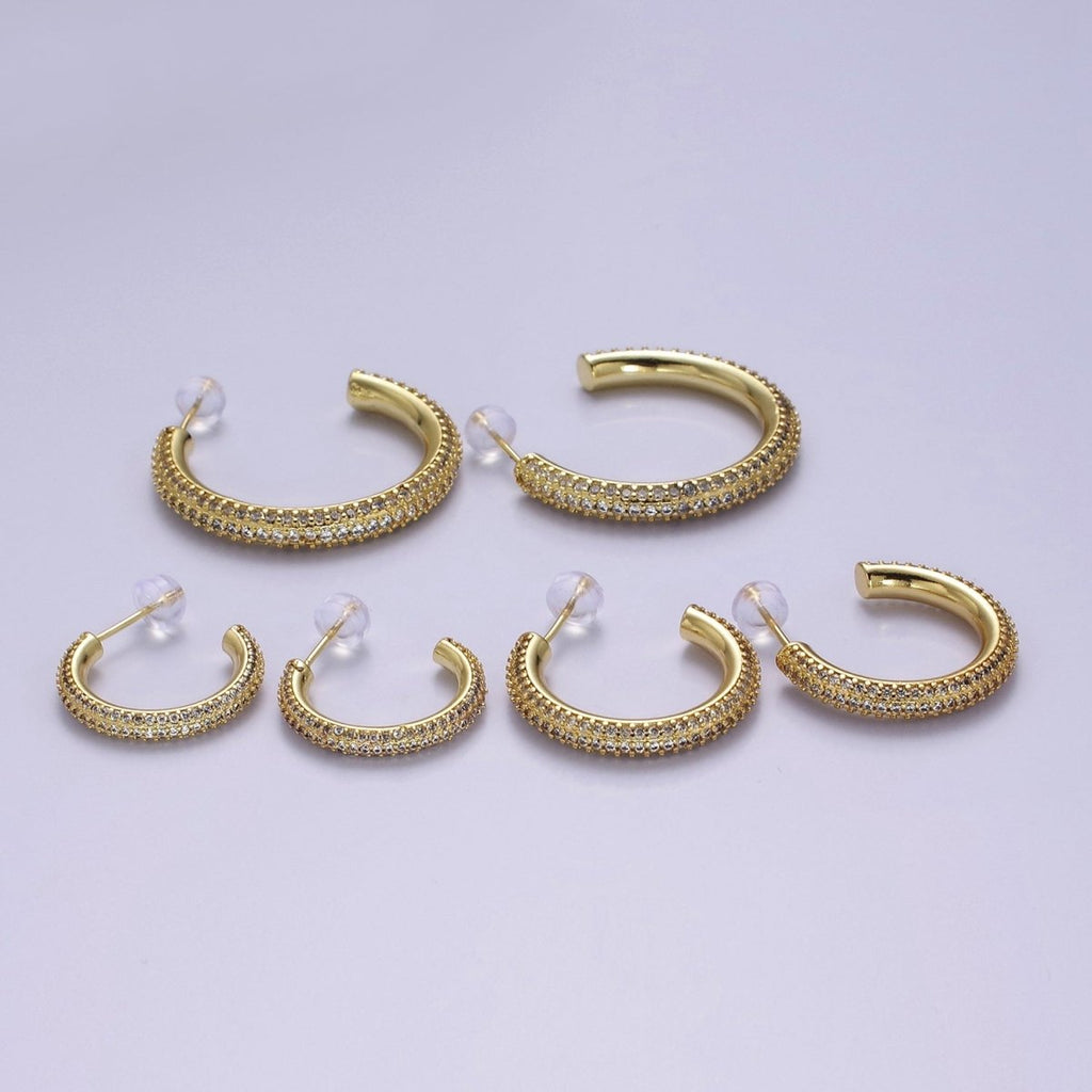 24K Gold plated 20mm, 25mm, 35mm Clear CZ Micro Paved C Shaped Hoop Stud Earrings | V164 - V166 - DLUXCA